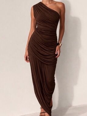 🤎 ZARA Brown One Shoulder Ruched Maxi Dress NWOT 🤎